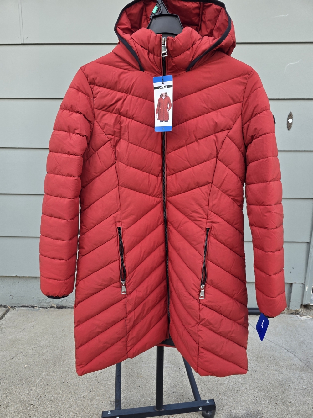 DKNY Red Quilted Hooded Long Puffer Coat Women Size Large